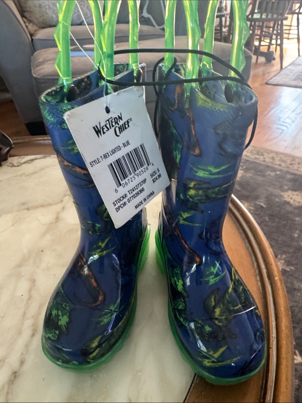 Western Chief Blue and Green Dinosaur Kids Rain Boots boys 5